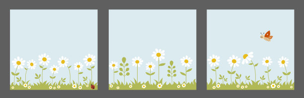 一套自然景观背景与雏菊，草，瓢虫和蝴蝶素材图片