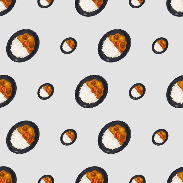 卡通咖哩饭，日式料理天衣无缝的图案，色彩缤纷的背景图片下载