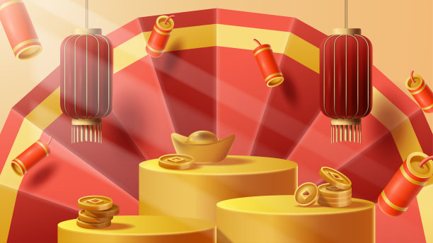 中国新年展示台装饰背景与中国饰品。矢量3D插图图片下载