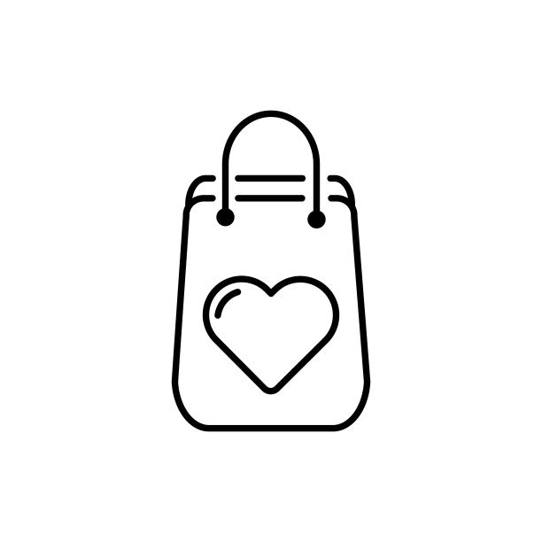 购物袋与心细线图标，包装和礼物，礼品袋标志，矢量图形，白色背景上的线性图案，eps 10。图片下载