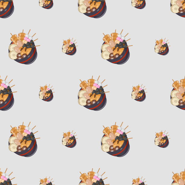 卡通奥登，日本料理无缝图案在彩色背景上图片下载