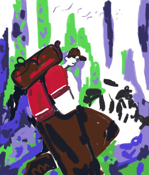 徒步旅行和攀登卡通人物行走。植物和自然鸟类的插图和绘画。粗糙的画有风景树和花。色彩丰富的印象派现代艺术和印刷。图片下载