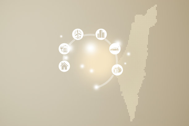 节能概念：未来能源产业的创新电力生产图标图形界面，以色列互动地图米色背景图片下载