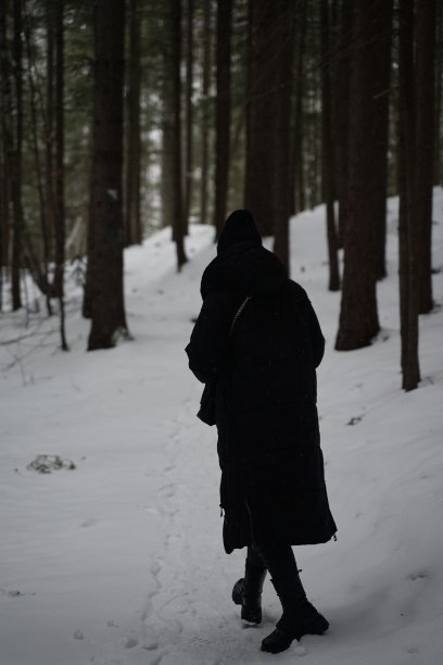 垂直拍摄一名穿着黑色冬季夹克的女性走在森林里的雪道上图片下载