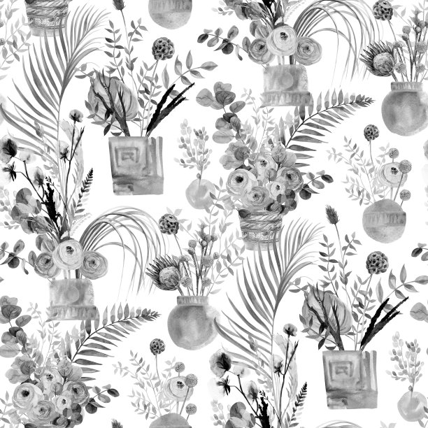 无缝的黑白图案的花瓶与树枝桉树干花图片下载