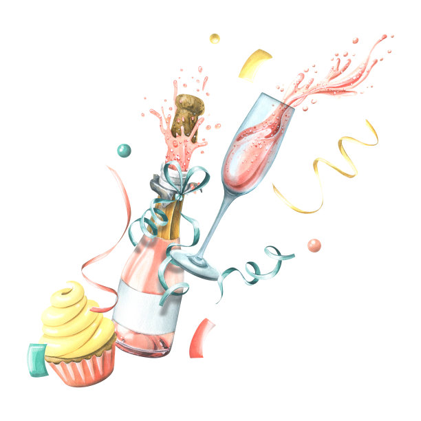 一瓶和一杯粉色香槟，上面有小蛋糕、五彩纸屑和彩带。水彩插图。来自生日快乐集的一篇作文。用于问候的装饰和设计。图片下载