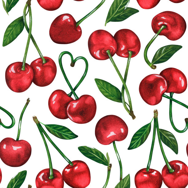樱桃无缝模式。水彩插图。孤立在白色背景上。为设计。图片下载
