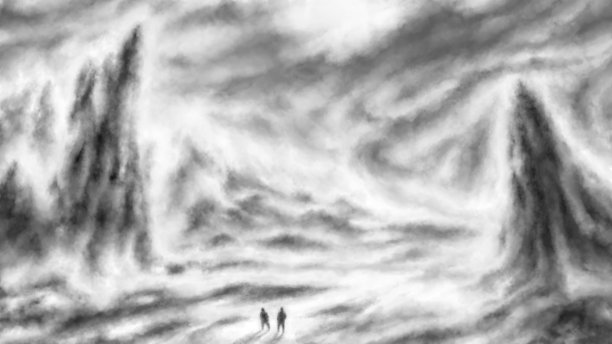 两个人走在山谷里。黑色剪影可怕的插图。恐怖幻想类型。图片下载