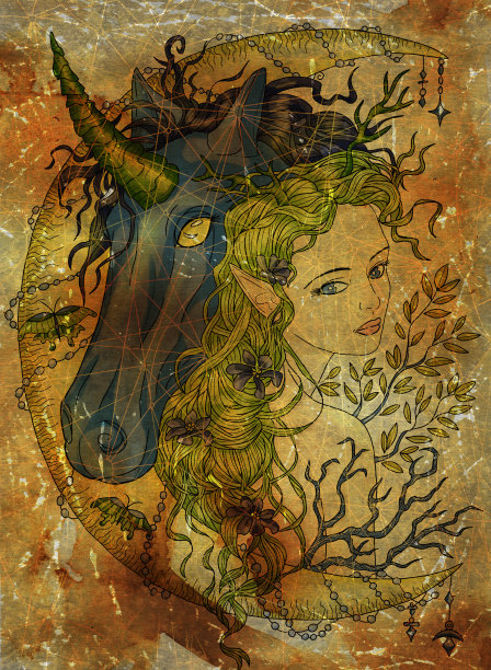 彩色幻想插图与手绘美丽的仙女女孩或公主和神奇的独角兽马图片下载