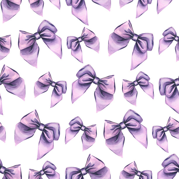 淡紫色，白色背景的缎子蝴蝶结。水彩插图。从薰衣草水疗系列无缝模式。用于织物、纺织品、墙纸、包装纸的装饰设计。图片下载