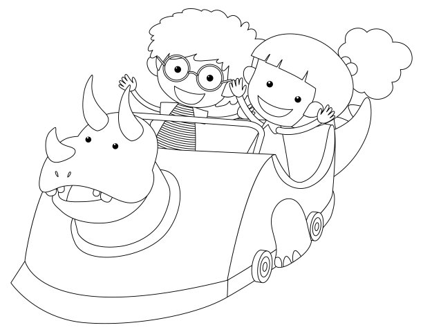 孩子们在恐龙赛车黑白涂鸦人物图片下载