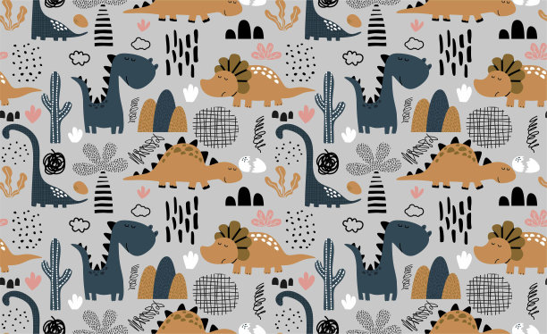 孩子气无缝恐龙模式。矢量图图片下载