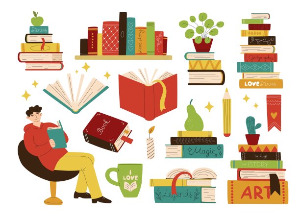 漫画书。坐在椅子上的读者。五颜六色的课本和室内植物。舒适的活动。学习的学生。书店的货架上。小说文学。向量教育库元素集图片下载