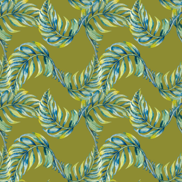异国情调的蓝棕榈叶无缝模式水彩插图橄榄。图片下载