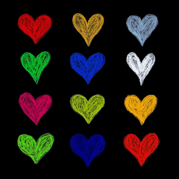 设置手绘明亮的多色心形。栅格股票收集的心-爱的象征画在油彩孤立的黑色背景。图片下载