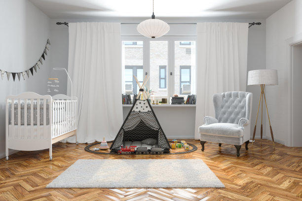 现代婴儿室内部与婴儿床，帐篷，微型火车和扶手椅图片下载
