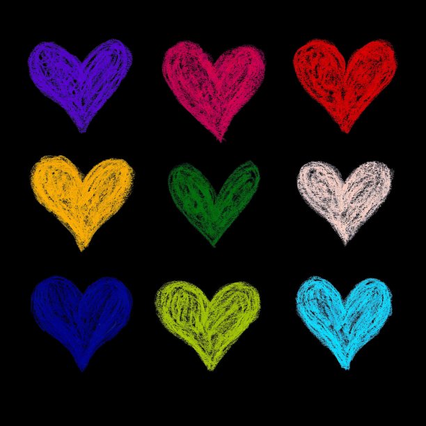 一套十二手绘明亮多色心。栅格股票收集的心-爱的象征画在油彩孤立的黑色背景。图片下载