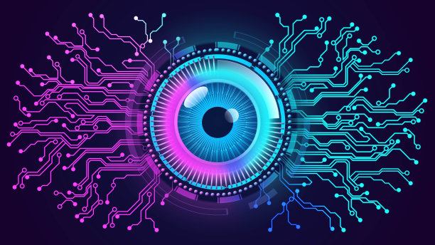 电子眼睛在发光的HUD圆元素之间的信息连接线-未来的数字电路背景图片下载