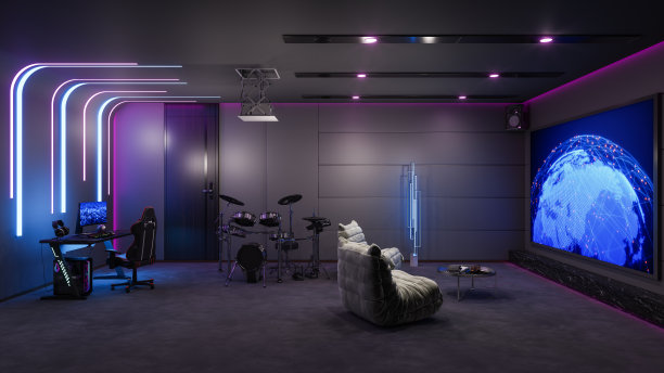 配有霓虹灯，投影屏幕，扶手椅，扬声器，游戏椅和鼓套件的私人家庭影院图片下载