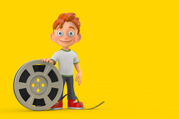 卡通小男孩青少年人物吉祥物与电影卷轴电影磁带。3d渲染图片下载