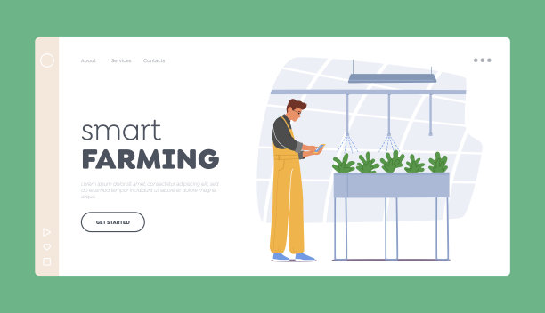 智能农场登陆页面模板。农民角色管理温室与平板电脑上的移动应用程序图片下载