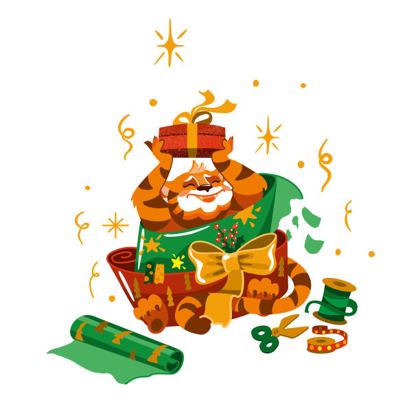有趣的老虎装饰礼盒。圣诞节和新年快乐插图。庆典,节日。图片下载