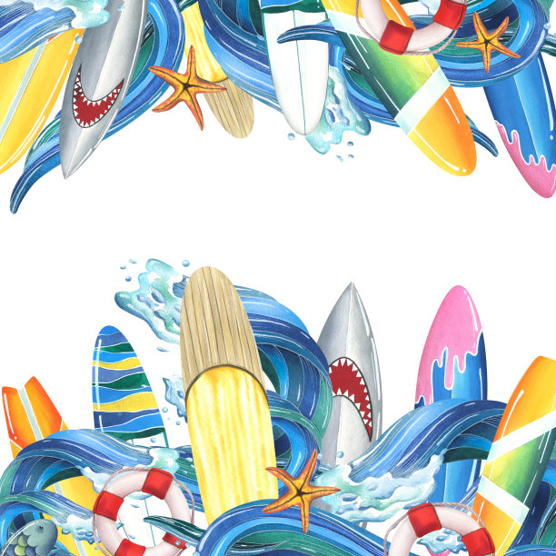 海浪冲浪板，海洋，救生圈和海星。水彩插图。冲浪集合中的模板。适用于设计、信息、广告、夏日和沙滩的设计图片下载