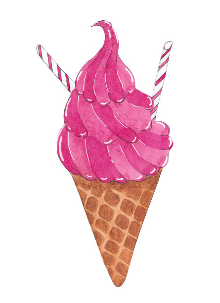 冰淇淋在粉色圆锥形素描水彩图片下载