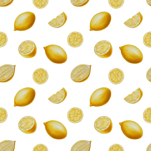 水彩无缝图案与柠檬。包括柠檬片、柠檬片。手绘逼真的免疫增强集维生素隔离插图背景图片下载