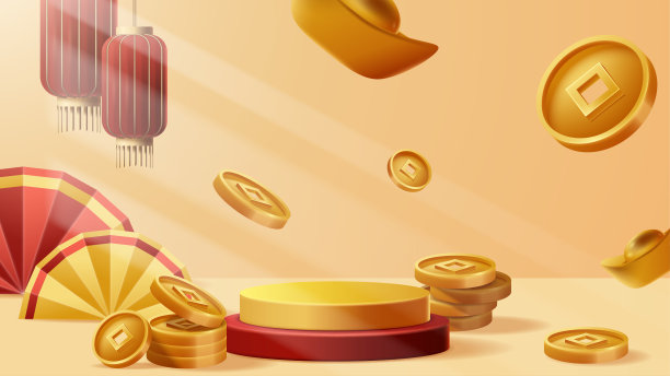 中国新年展示台装饰背景与中国饰品。矢量3D插图图片下载