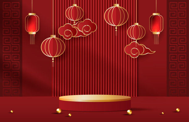 讲台舞台中式风格的中国新年和节日或中秋节与红色背景。用彩灯和彩云模拟舞台。矢量设计。图片下载