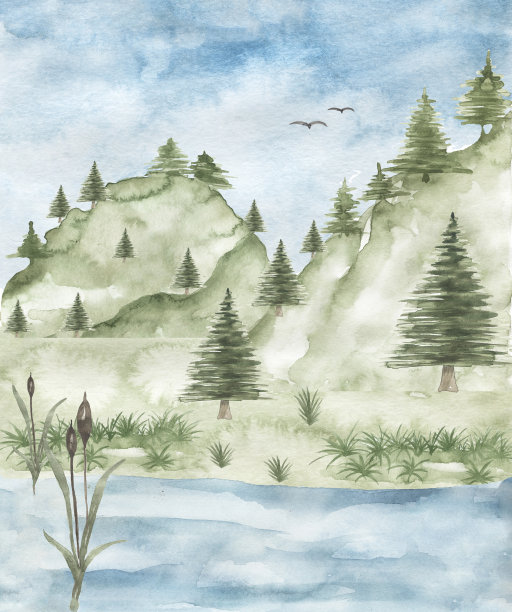 水彩画河流上的山，山的自然和树木，风景，云的组成。卡片制作，剪贴簿套装，婚礼请柬图片下载