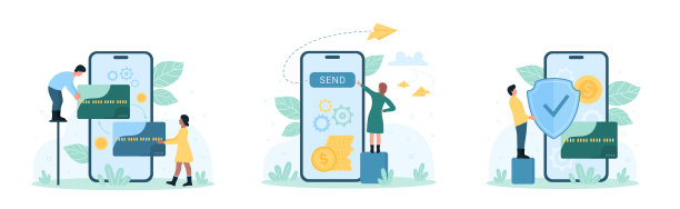 转账套装，小人手持信用卡，货币交易安全盾牌图片下载