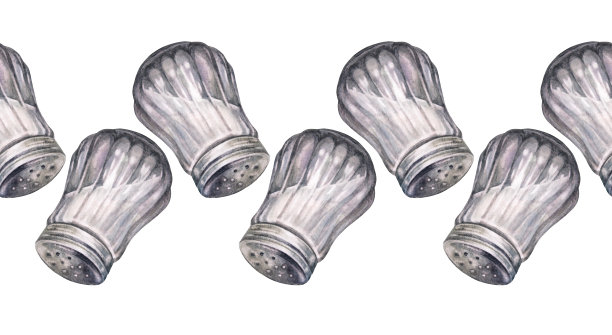 无缝边缘水彩盐瓶在白色背景。烹饪食物的手绘厨房工具。佐料。咸。白色死亡。边框的框架，食谱贴纸，包装或壁纸图片下载