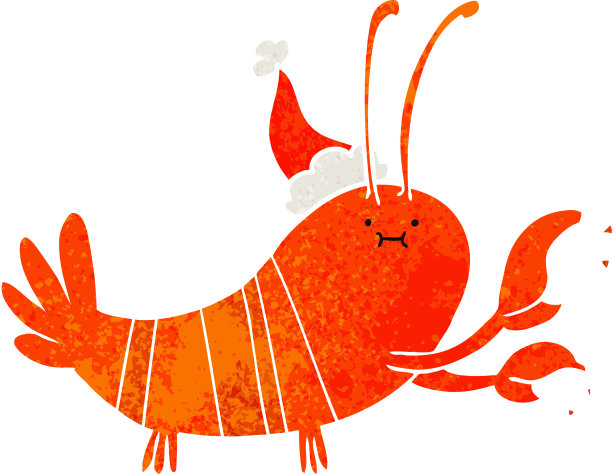 手绘的复古卡通龙虾戴着圣诞老人的帽子图片下载