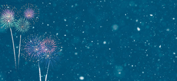 烟花在抽象的雪景背景，派对概念与广告空间。三维演示图片下载