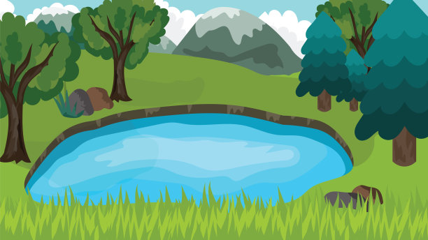 池塘在大自然中以卡通的平面风格。山上有小森林湖景观。图片下载