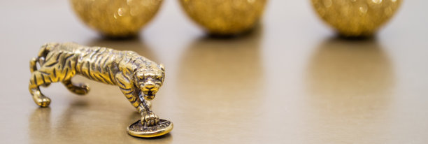 旗帜与青铜形象的老虎与硬币的背景上的金色光泽球图片下载