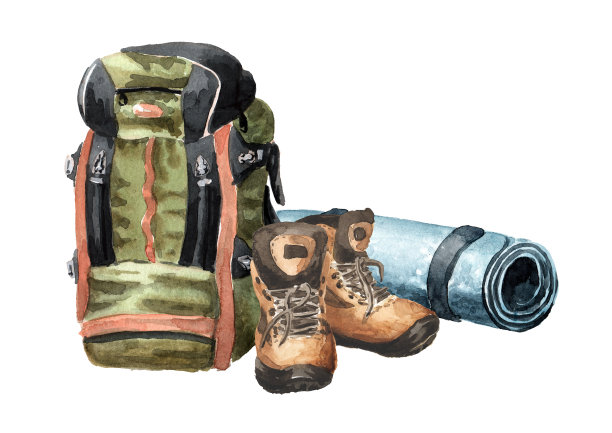 绿色背包和登山靴，手绘水彩插图孤立在白色背景图片下载