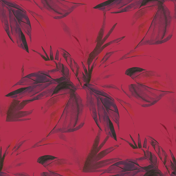 粉红色和蓝色无缝图案与水彩热带树叶。图片下载