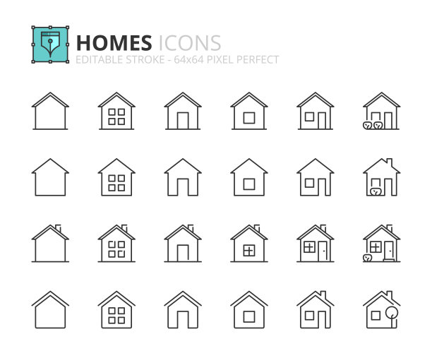 简单的一套关于家和房地产的轮廓图标。图片下载