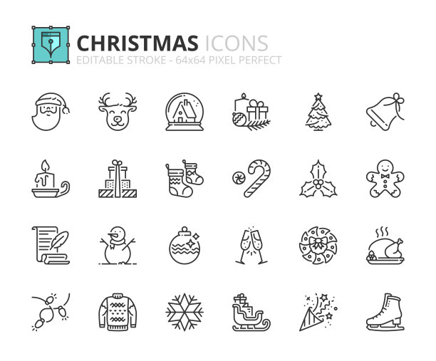 关于圣诞节的简单的轮廓图标集。节日活动。图片下载
