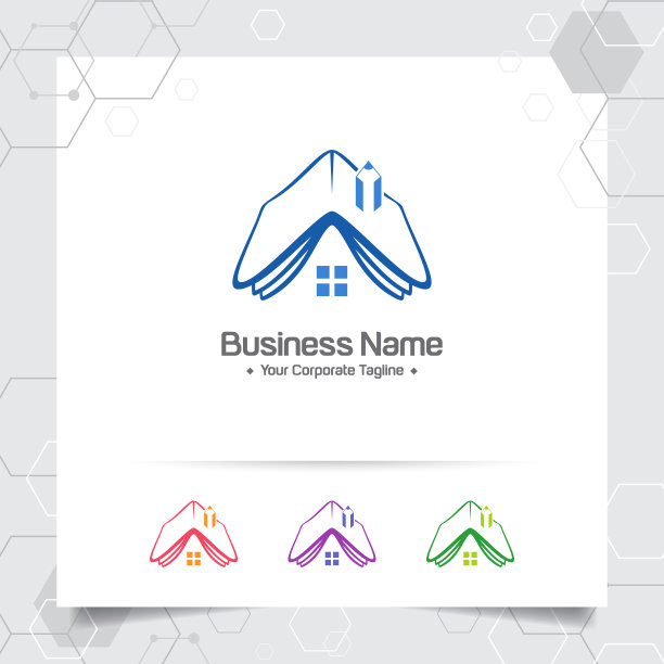 屋顶矢量和铅笔图标房屋标志设计概念。用于建筑、承包商、建筑师和房屋租赁的房地产标志图片下载