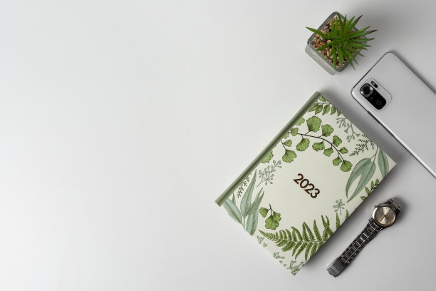 一个笔记本、一株植物、一部智能手机和一块手表放在浅色背景上。图片下载