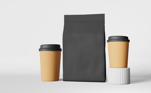 纸咖啡杯与黑色盖袋袋模型在讲台上3D渲染。咖啡店打折销售演示设计图片下载