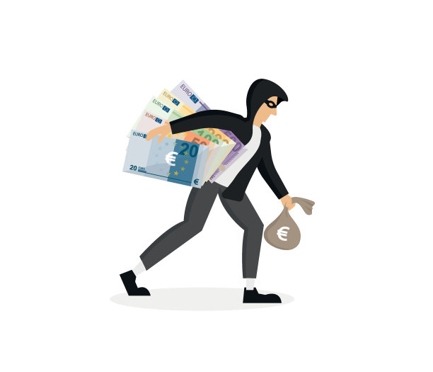 经济犯罪。一箱钱戴着小偷眼罩，手里拿着一大袋钱。强盗。平面矢量图。图片下载
