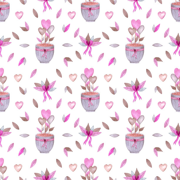 手绘水彩情人节无缝图案。圣瓦伦丁的装饰元素。剪贴簿设计，标签，横幅，明信片。图片下载