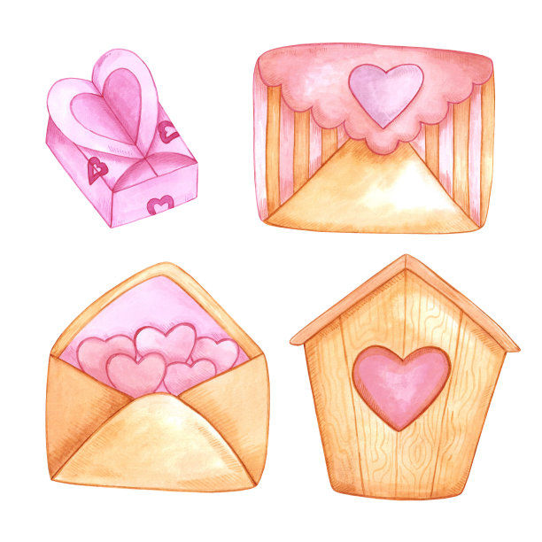 手绘水彩情人节套装。圣瓦伦丁的装饰元素。剪贴簿设计，标签，横幅，明信片。图片下载