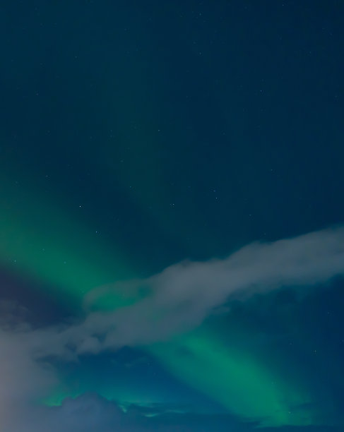 北极光和云层被满月照亮，冰岛的天空布满了星星和蓝色。图片下载