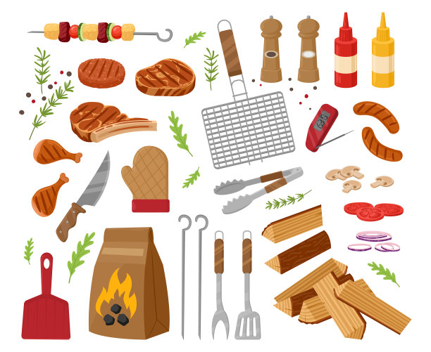 卡通烧烤，烤肉和蔬菜。烧烤派对元素，木材，木炭，烤牛排，香肠和烧烤烹饪工具平面矢量插图在白色背景图片下载